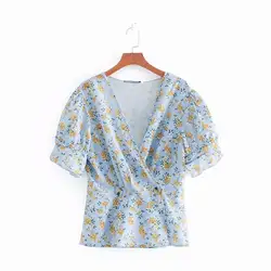 Новый женский милый цветочный принт, Повседневная Свободная Женская блузка с v-образным вырезом, шикарная женская блузка, блуза с пышными