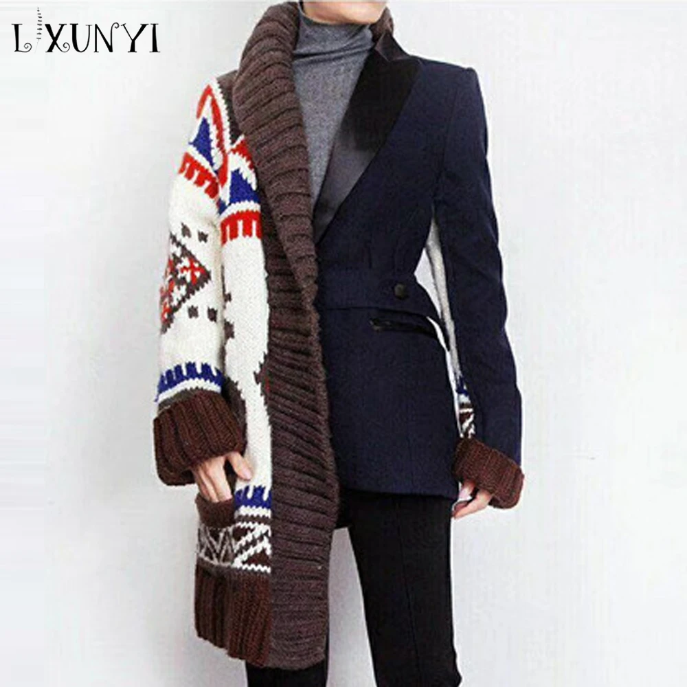 

LXUNYI New High Street Patchwork Knitted Woolen Blazer Feminino Sashes Irregular Women's Jackets Coats Loose Blazers Ladies Fall