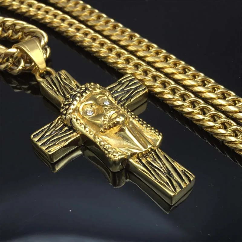 

Jesus Christian Cross Necklace Gold Color Stainless Steel Christ Cross Pendant Link Chain For Men Christian Crucifix Jewelry