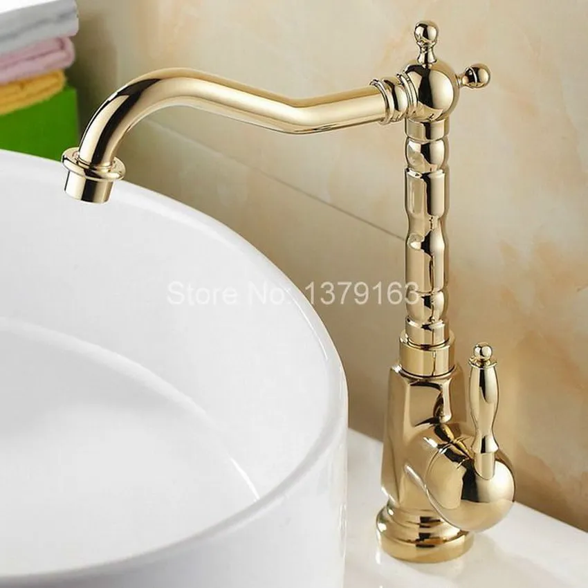  Luxury Modern Gold Polished Brass Single Handle Swivel Spout Bathroom Kitchen Sink Faucet Cold & Ho - 32362139877