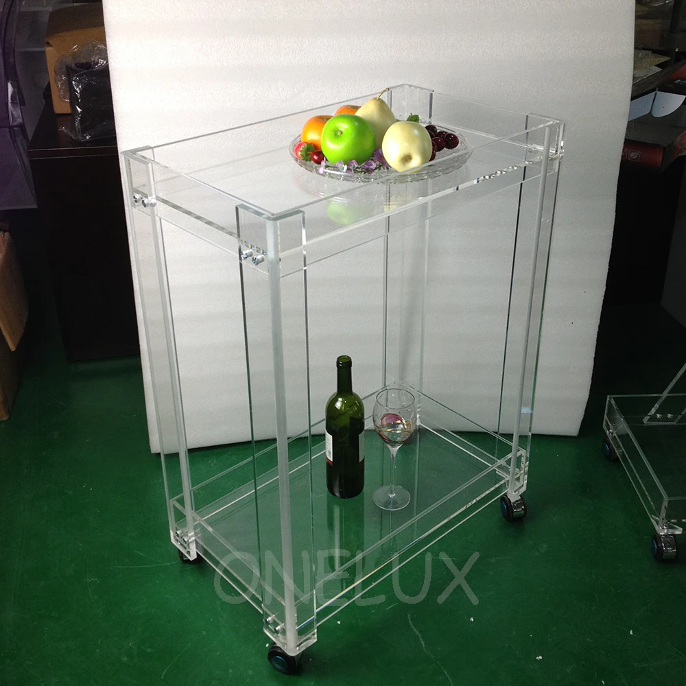 Promo High Transparency Acrylic Home Use serving bar cart on wheels ,Lucite Plexiglass Rolling trolleys for Dining -62W37D82H CM