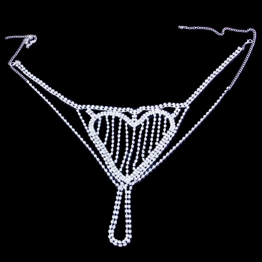 StoneFans New Heart Crystal Underwear Sexy Belt Body Chain Jeweled