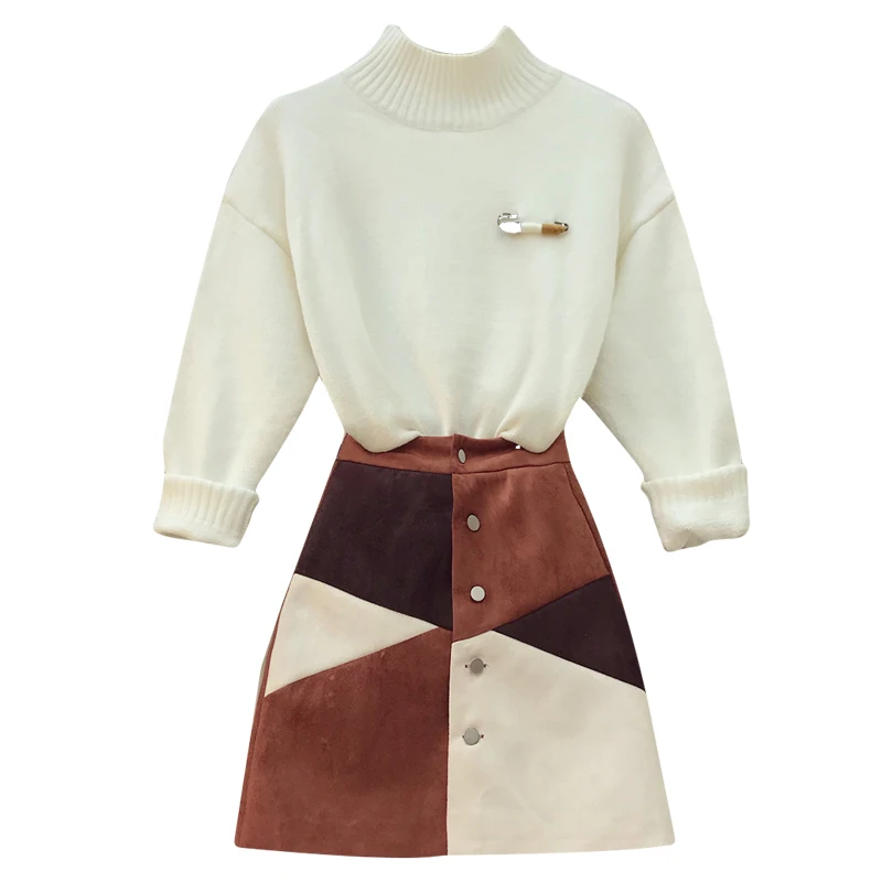 2018 Autumn Woman's Turtleneck White Pull Sweater + High Waist Color Patch Suede Skin Girls Student Two-piece Mini Skirts Set