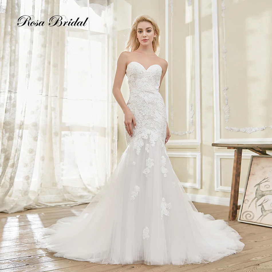 

Rosabridal Mermaid Wedding Dress Strapless Sweetheart Neckline Ivory beading lace appliques over tulle Trumpet Bridal Gown