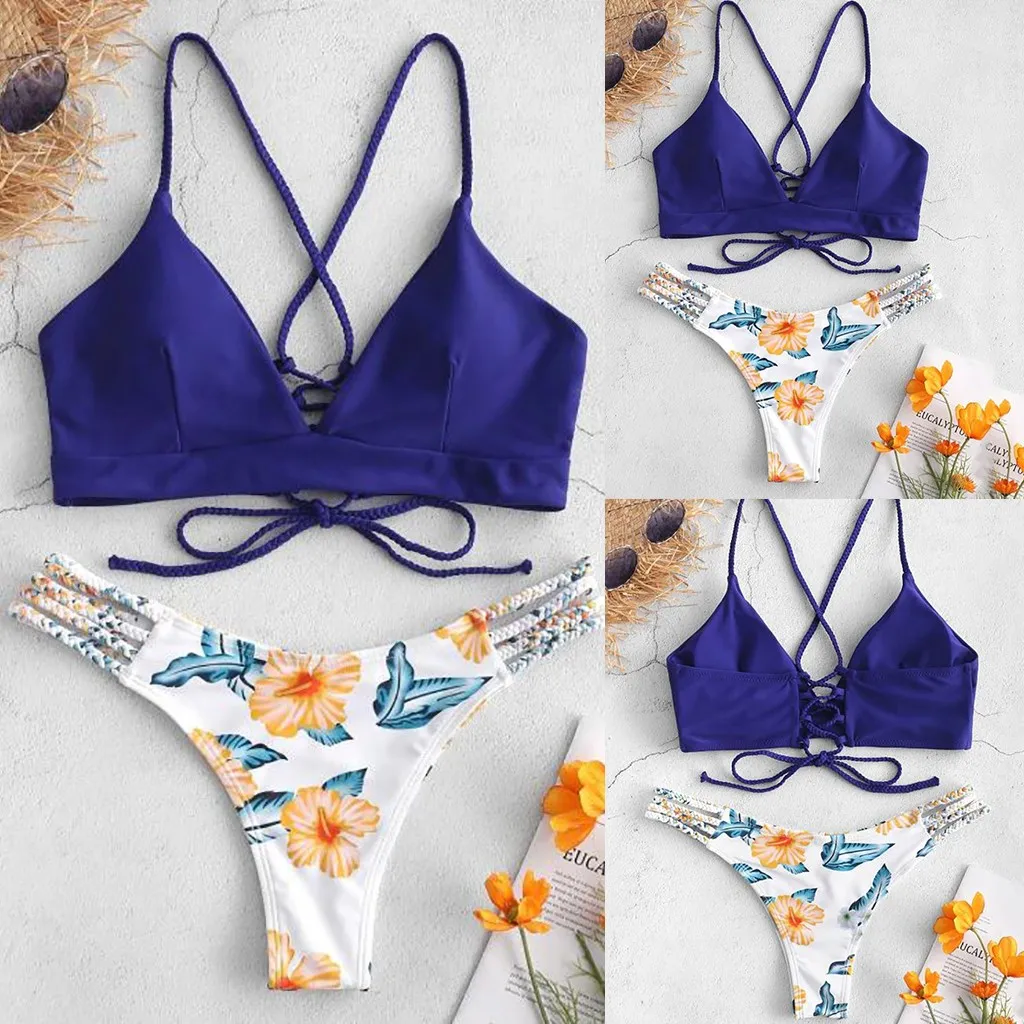 

2019 Women Brazilian Swimwear Flower Printed Two Piece Swimsuit Push Up Beachwear Women Bathing Suit Thong Biquini Bikini Set
