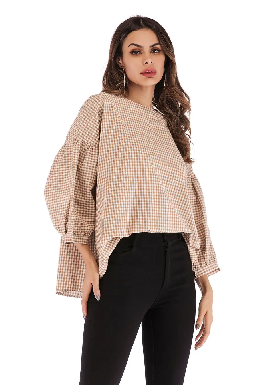 Gladiolus New 2019 Spring Plaid Shirt Women Puff Sleeve O Neck Button Loose Blouse Women Shirts Summer Casual Ladies Shirt Tops (25)