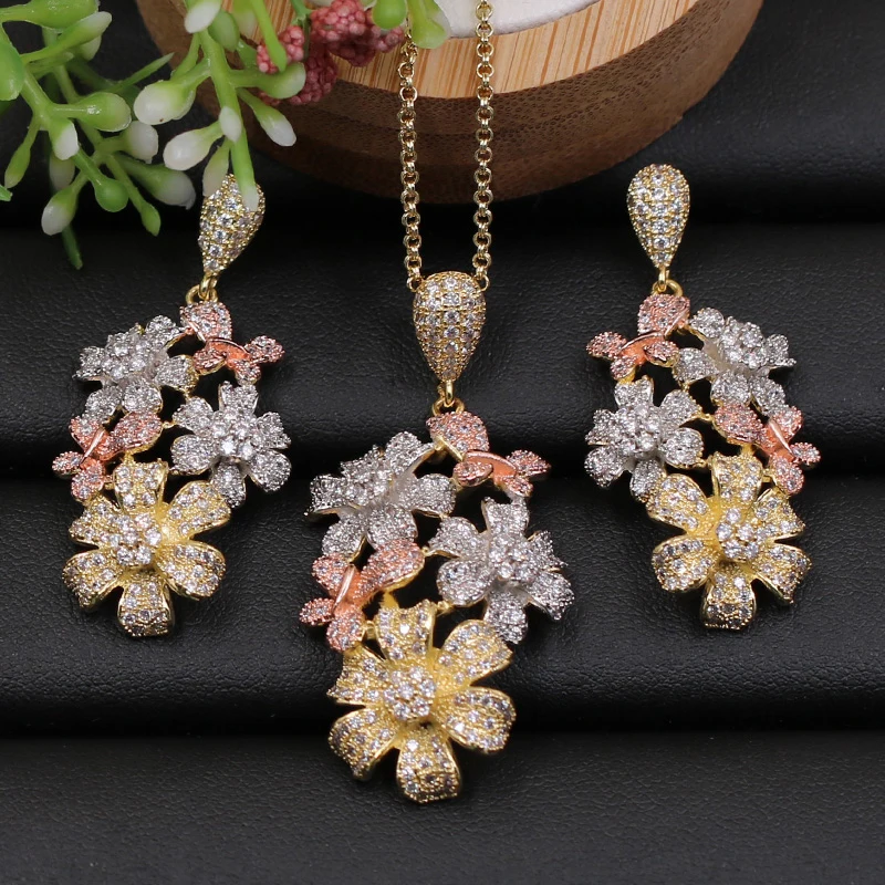 

LanRuiSha Jewelry Set Delicate Flowers Full Zircon Micro pave setting Necklace with Earrings fashio for Wedding Bridal Best Gift