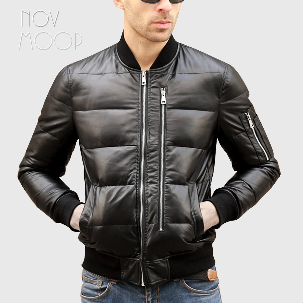 

Men winter warm black genuine leather real lambskin duck down bomber jackets coats plus size jaqueta de couro deri ceket LT2446