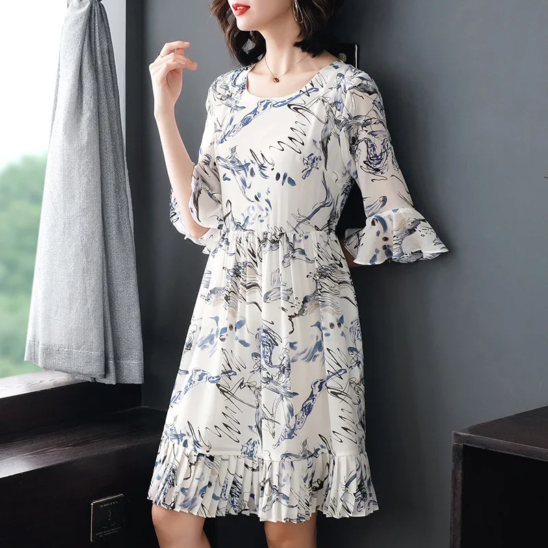 

Europe and America Fashion Women's Clothing 2019 Summer New Style Luxury Printing Outside Real Silk Dress Pleated Dress P8106