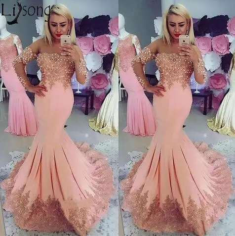 Elegant Peach Mermaid Prom Dresses with Capped Long Sleeves Lace Appliques Beading See Through Neck Formal Wear Evening Dress - Цвет: Розовый