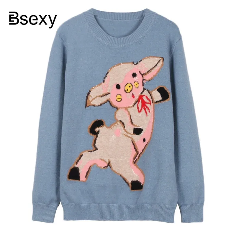 Cute Pig Cartoon Jacquard Knitted WOmen Sweater 2019 Brand Designer Long Sleeve Round Neck Knit Top Female Causal Loose Pullover | Женская