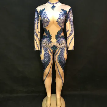 

Nightclub Fashion Shining Long Sleeves Rhinestones Sexy Jumpsuit Women's Stage Dance Bodysuit Female Skinny Leggings DJ DS