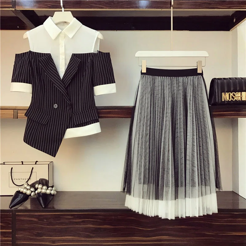 

New Fashion Large size 4XL Office Women's Set Summer Stripe Spliced Off-shoulder Tops and Pleated Skirt Two Piece Suit f1066