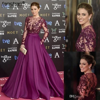 

Purple Muslim Evening Dress Illusion A-line Long Sleeves Appliques Bead Islamic Dubai Saudi Arabic Long Evening Gown Prom Dress