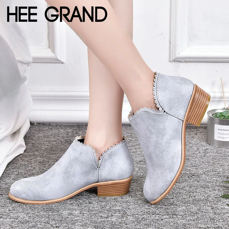 

HEE GRAND Winter Warm Sexy Ankle Boots Women Round Toe Shoes Slip on Solid PU Ankle Boots Low Heel Shoes Size 35-43 XWX7162