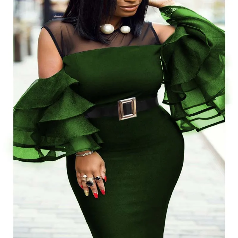 Африканская одежда размера плюс, Сетчатое платье с оборками и рукавами, женское сексуальное облегающее платье с круглым вырезом, вечерние S-6XL - Цвет: Green
