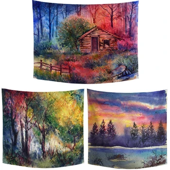 

Watercolor Landscape Printing Tapestry Forest Trees Cabin Bird River Single Print Home Living Room Wall Hanging Decorate Blanket