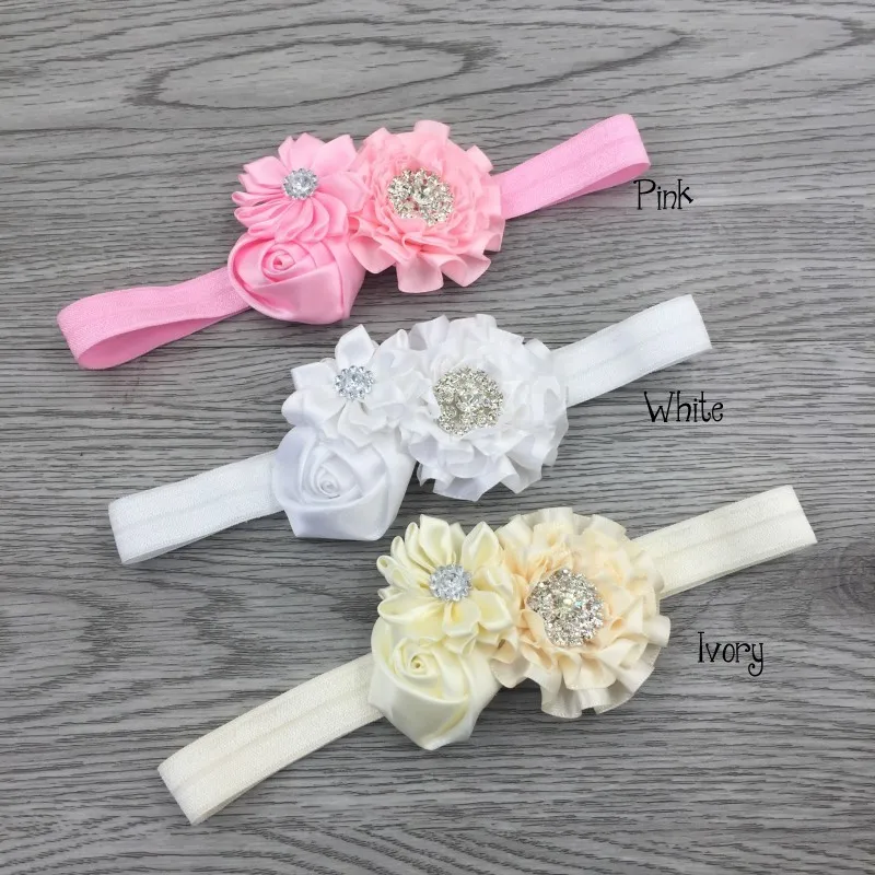 

12pcs/lot Ruffled Satin Flower Headband Matching Sparking Rhinestone FOE Headband Baby Headband