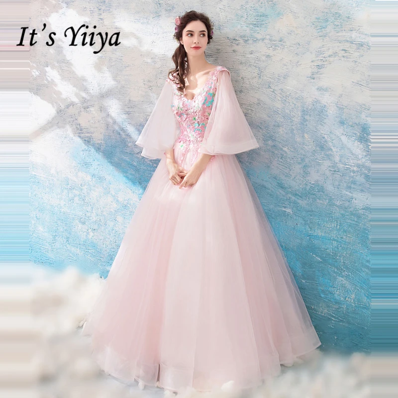 

It's Yiiya Prom Gowns Tulle Pink Embroidery V-neck Half Sleeves A-line Floor Length Custom Plus Size Prom Dresses 2019 LX861