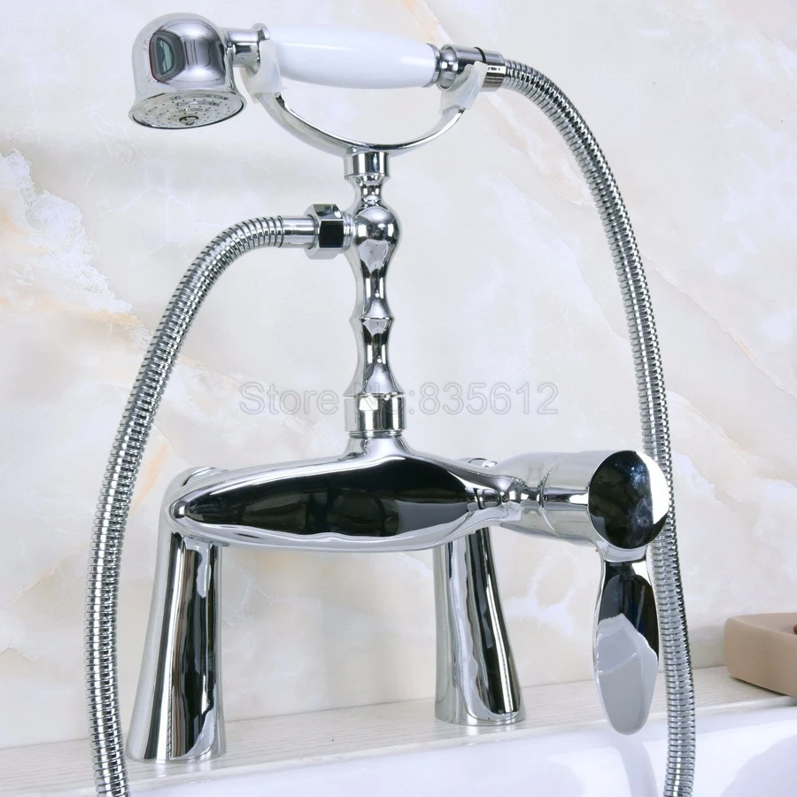 

Polished Chrome Deck Mounted Bath Tub Faucet Bathroom Handheld Shower Faucet Mixer Taps tna107
