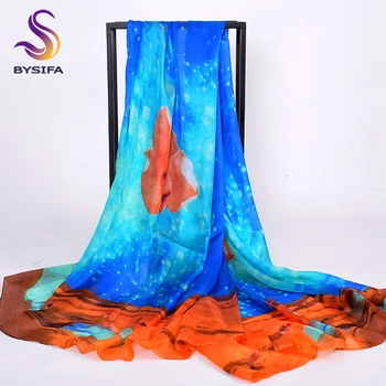 

[BYSIFA] Summer Blue Women's Long Silk Scarf Beach Cover Up New Pure Silk Scarves 200*110cm Spring Autumn Brand Scarves Wraps