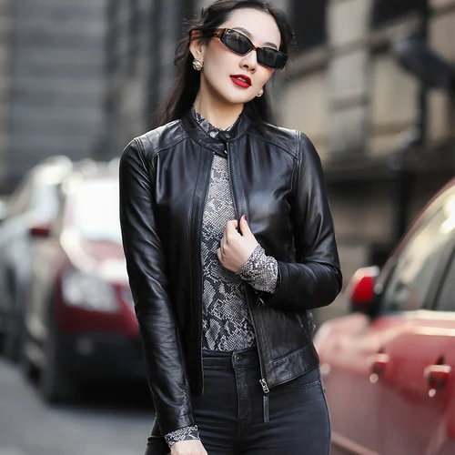 PTSLAN Женская куртка из натуральной кожи женские куртки из овчины мотоциклетные P5199 - Цвет: Черный