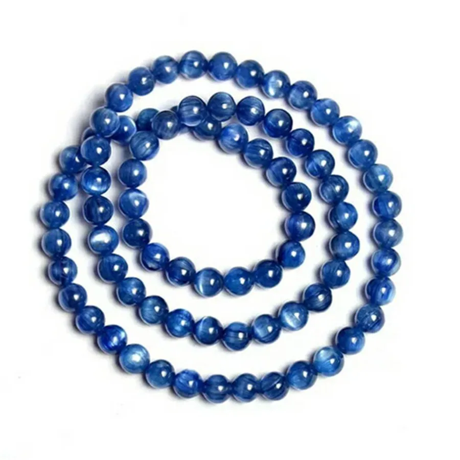 

6mm Genuine Natural Blue Kyanite Bracelets Women Stretch Round Bead Crystal Three Laps Bracelet Cat Eye Neckalce AAAAA