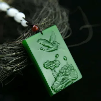 

Fashion Natural Hetian Jadeite Pendant Carved Red-crowned Crane Fly Lotus Genuine Men and Women Nephrite Necklace Wholesale