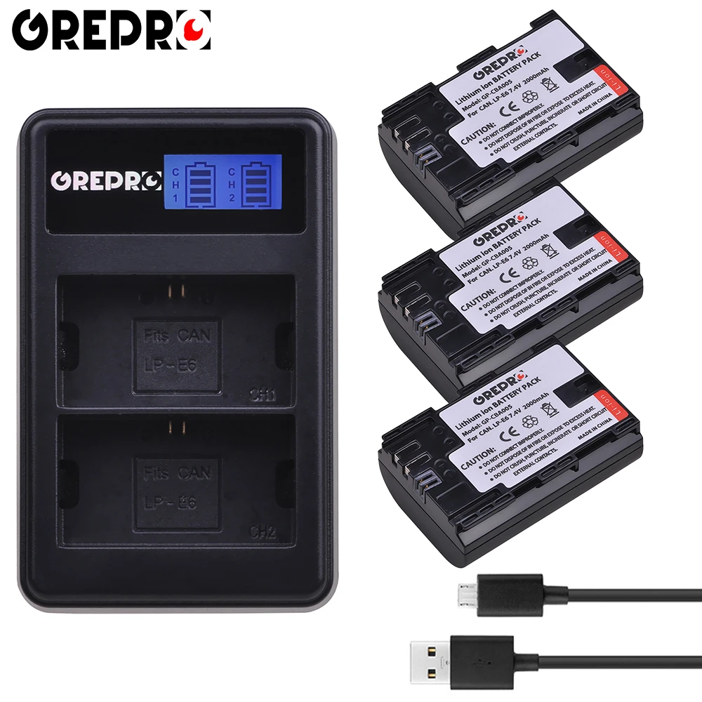 

GREPRO 3pcs 2000mAh LP E6 LPE6 LP-E6 E6N Camera Battery+LCD Charger for Canon EOS 5DS R 5D Mark II 5D Mark III 6D 7D 80D Bateria