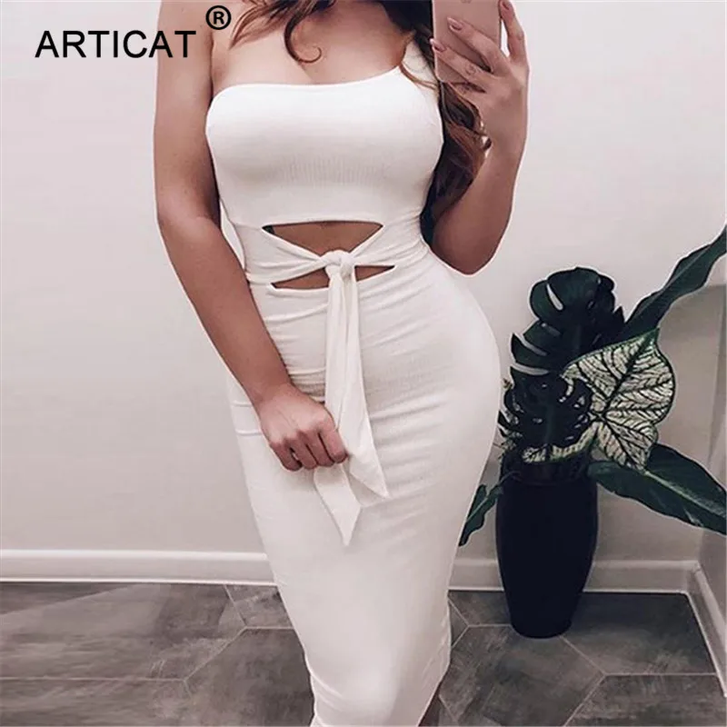 Articat Off одно плечо Sexy Bodycon трикотажные Осень платье Для женщин выдалбливают бинты