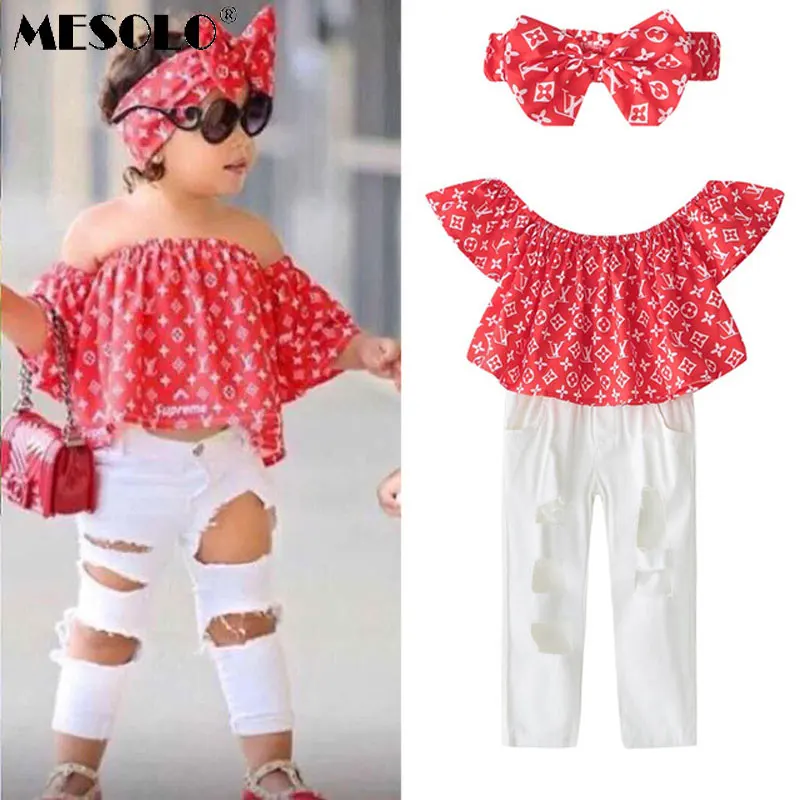 

MESOLO wear ins exploding money girl's red shoulder shoulder shirt, hole jeans, headwear three sets of manufacturers straight