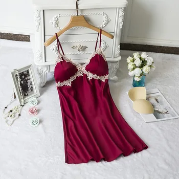 

New Women Burgundy Nightgown Fuax Silk Sleepwear Sleepshirt Sexy Nightdress Mini Nightie Summer Home Clothes V-Neck Night Gown