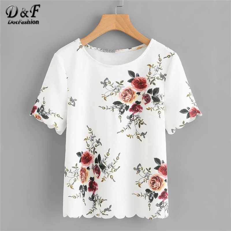 

Dotfashion White Flower Print Scalloped Womens Tops And Blouses 2019 Summer Casual Short Sleeve Korean Fashion Clothing Blouse