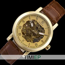 SEWOR Gold Tone Steampunk Trasparent Skeleton Analog Men’s Leather Automatical Mechanical Mens Watch