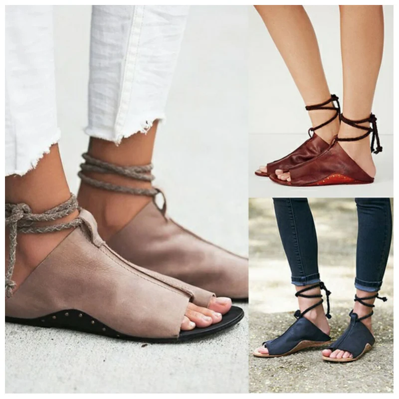 

SUOJIALUN Large Size 35-42 Zapatos Mujer Summer Sandals Women Flats Shoes Ladies 2018 Lace Up Woman Ankle Strap Female Chaussure