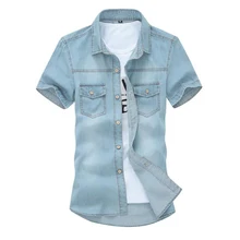 Популярная Летняя мужская Однотонная рубашка с коротким рукавом модная мужская Повседневная Удобная джинсовая рубашка в Корейском стиле с отложным воротником