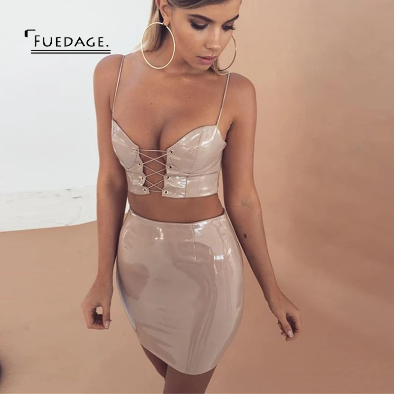 

Fuedage 2017 New V Neck PU Leather Dress Women Two Piece Autumn Sexy Spaghetti Strap Bodycon Lace Up Dresses Club Party Vestidos