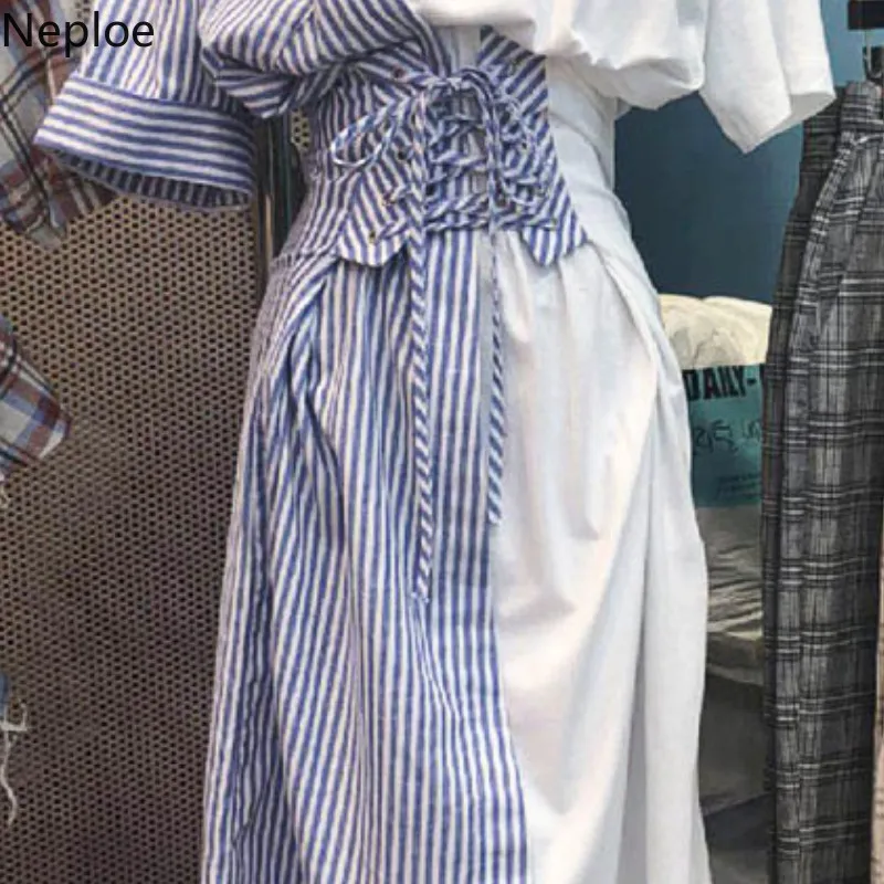 Neploe клетчатые Лоскутные женские платья с коротким рукавом длиной до колена Vestido необычное новое летнее платье из двух частей 43236
