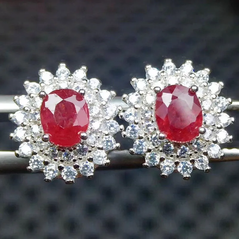 Natural ruby stud earring Free shipping Original real ruby 925 sterling