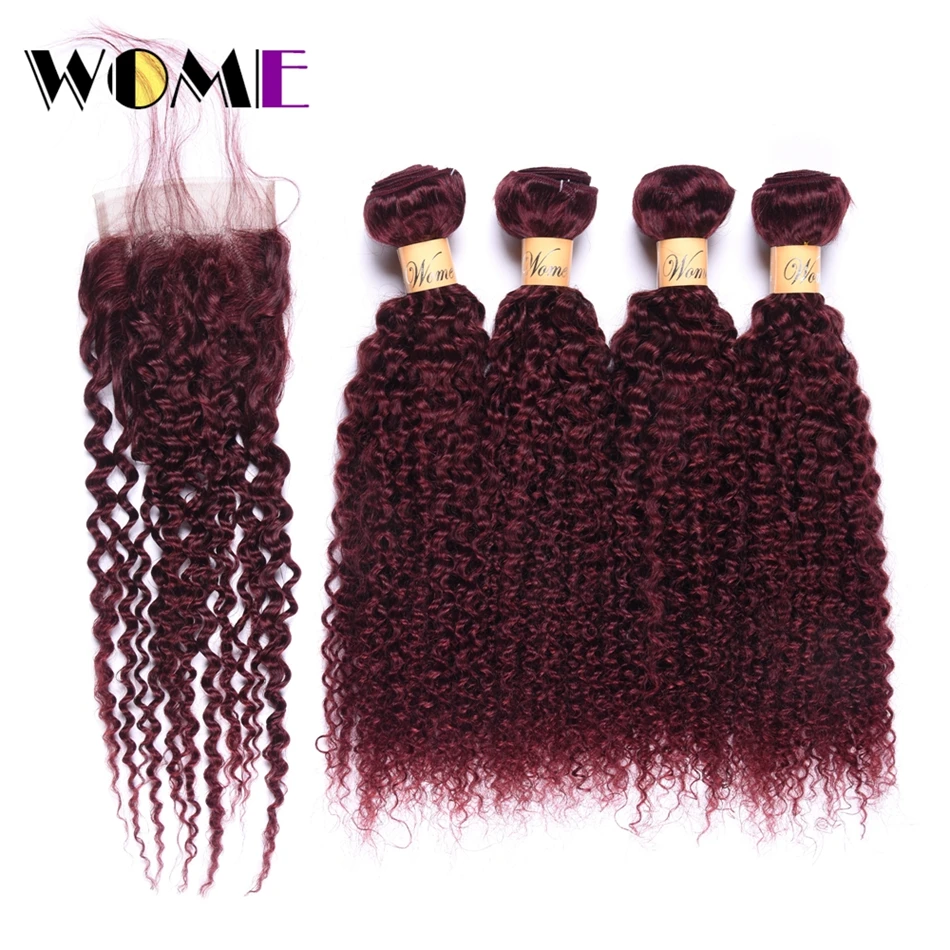 Wome Indian Bundles With Closure #99J Red Wine Color Curly Hair 4 Bundles With 4x4 Lace Closure 100% Human Hair Weave Wome Indian Bundles With Closure #99J Red Wine Color Curly Hair 4 Bundles With 4x4 Lace Closure 100% Human Hair Weave