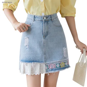 

Patchwork Lace Embroidery Denim A-line Skirt Woman 2019 Summer High Waist Streetwear Washed Saia Jeans Mini Skirt Female Blue