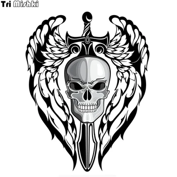 

Tri Mishki WCS427 13*16.5cm winged skull with sword car sticker funny PVC coloful Decals Motorcycle Accessories sticker
