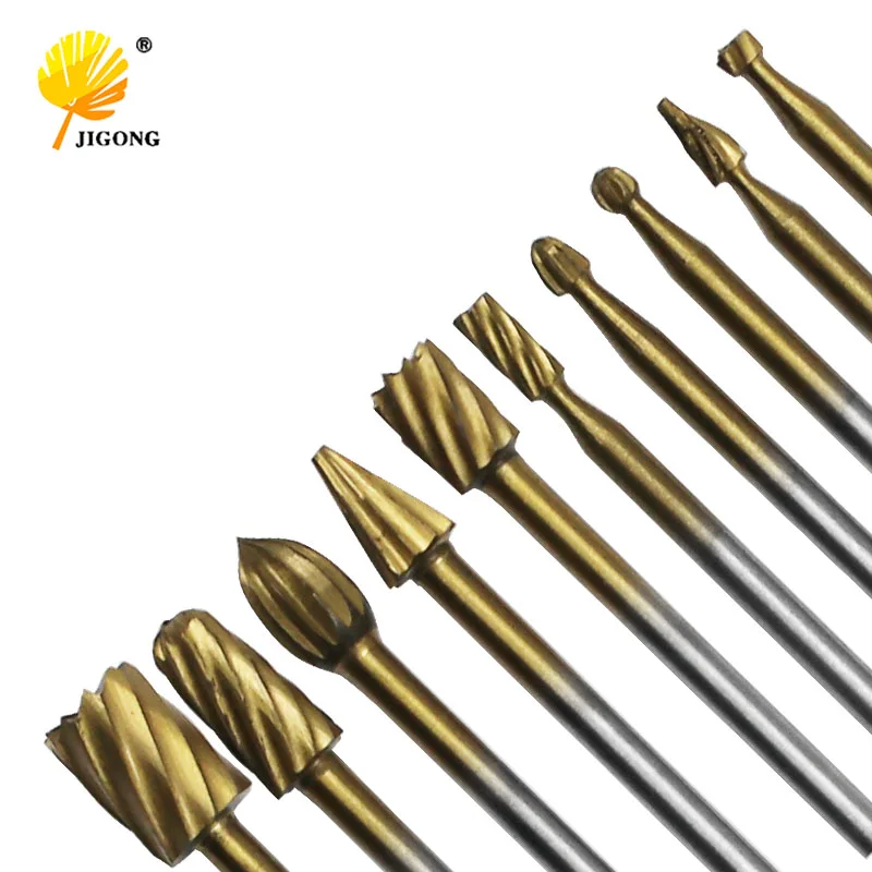 10pcs Set HSS Titanium Routing Rotary Milling Rotary File Cutter Wood Carving Carved Knife Cutter Tools Accessories 10pcs rs25 1 12 band 360 degree rotary switch box signal transfer 1 knife 12 gear