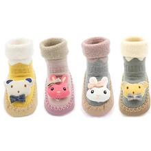 Зимние теплые нескользящие носки для малышей с резиновой подошвой, хлопковые носки-тапочки с рисунками животных для маленьких мальчиков и девочек
