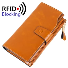 2016 Women’s RFID Blocking Genuine Leather Wallet Long Cowhide Luxury Brand Wallets Purse Card Holder Phone Clutch for Women