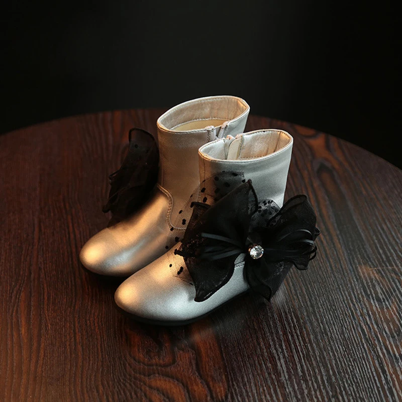 

Autumn Children's Boots Fashion Bow Girl Boots Flat Soft PU Kids Shoes Party Princess Shoes For Girls Silver Black KS30