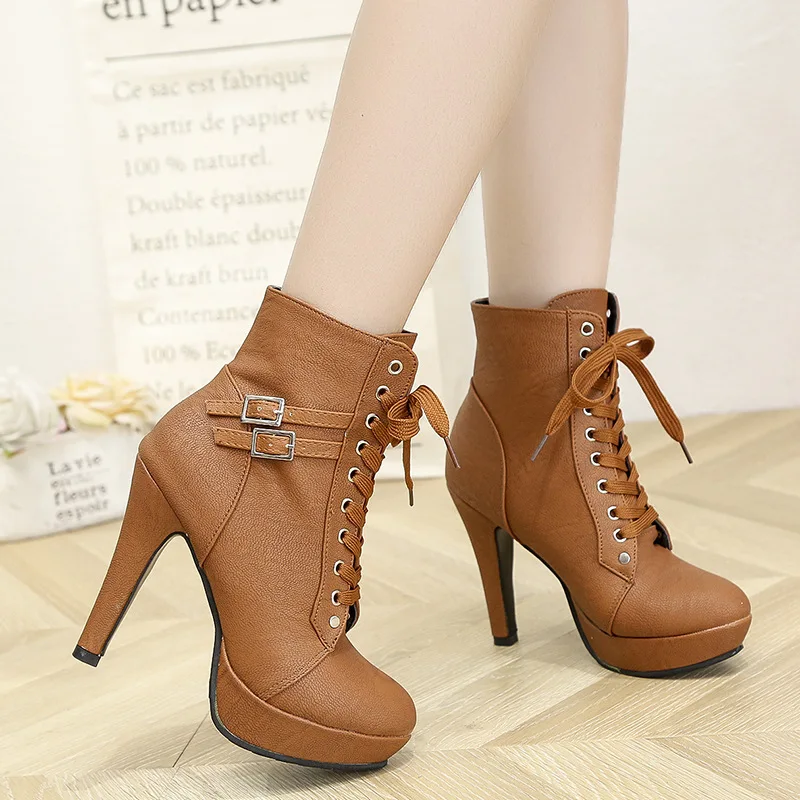 Newest Platform Women's Boots British Style Cross Straps Female Martin Boots Fashion Thin High Heel Shoes Belt Buckle Pumps