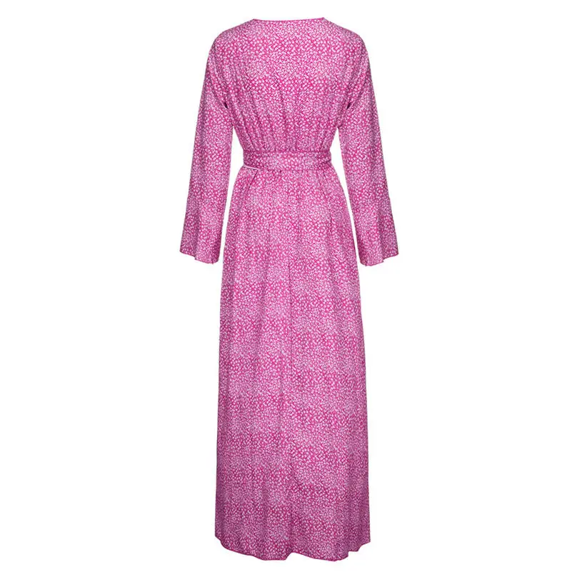 Fashion Women V-Neck Long Dress 2019 Flare Sleeve Elegant Bohemia Floral Print Bow Bandage Maxi Dress Vestidos Plus Size 3Y22 (27)