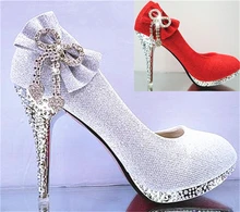 Wedding Bridal Women Autumn Prom Bowtie Heart Crystal Gold Silver Pink Red 3 inch Thin High Heels Stiletto Pumps China Shoes F38