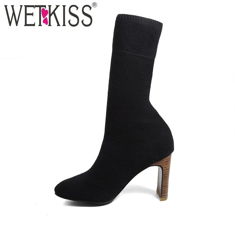 

WETKISS Fashion Stretch Socks Boots for Women 2 Style Short and Long Ladies Strange Heels Shoes Woman Square toe Stylish Boots